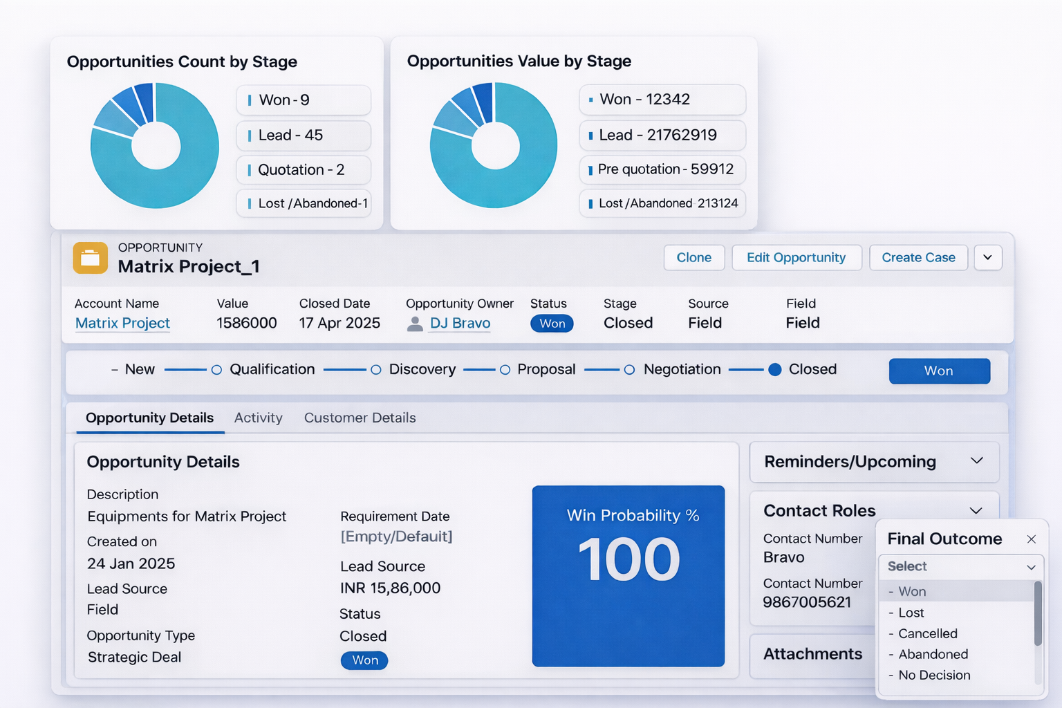 Opportunity management screen for quotes, pipeline tracking, and order capture