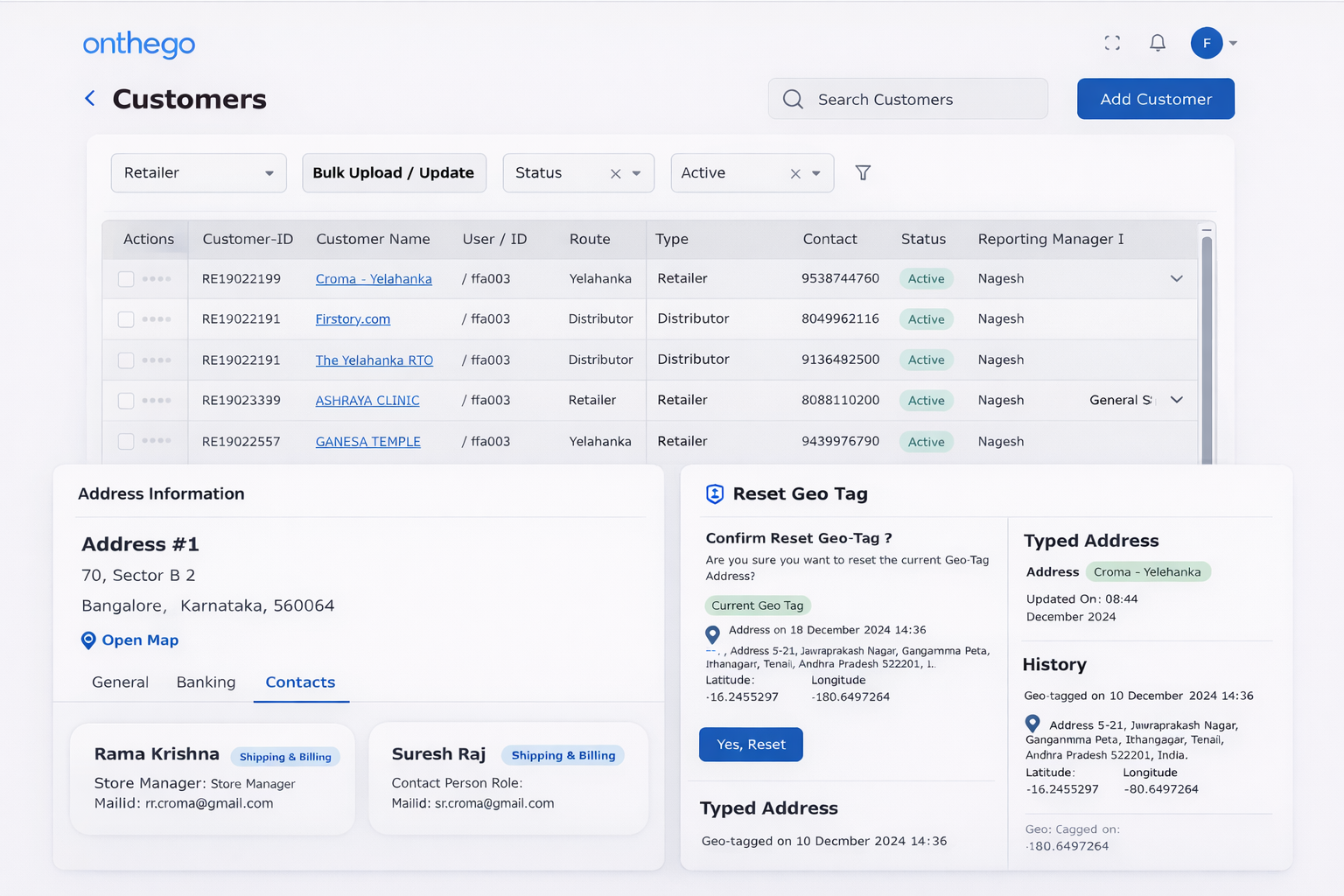 Field force automation customer and contact management dashboard